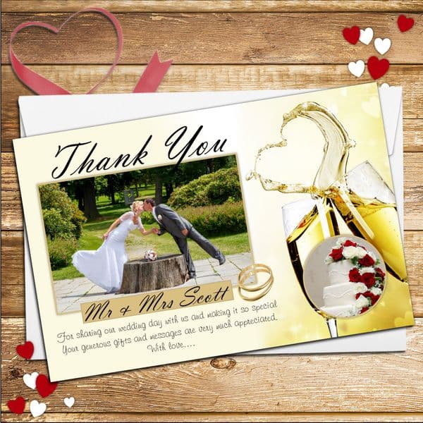 10 Personalised Champagne Flutes Wedding Thank you PHOTO cards N216