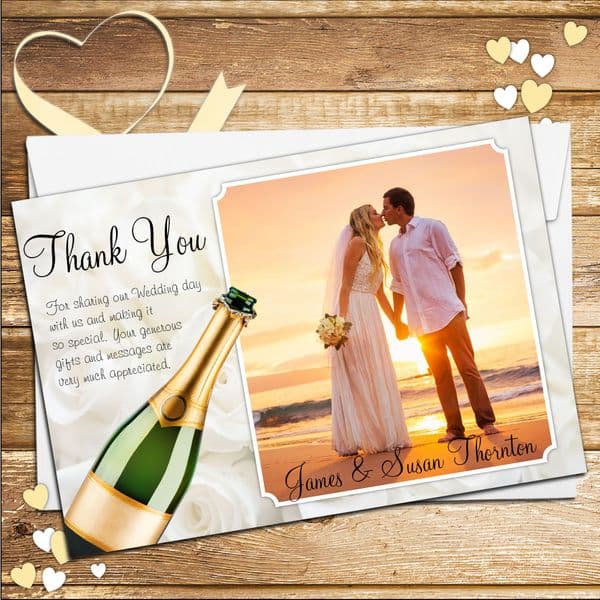 10 Personalised Champagne Wedding Thank you PHOTO cards N124