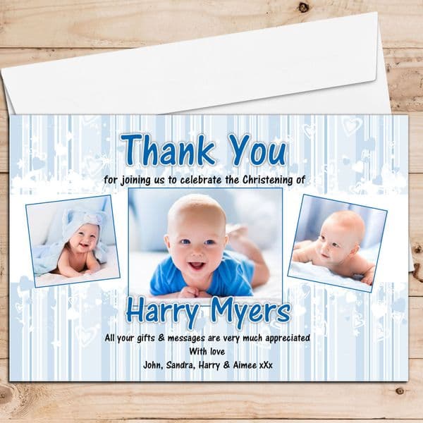 10 Personalised Christening / Baptism Thank you PHOTO Cards N225 - Blue hearts