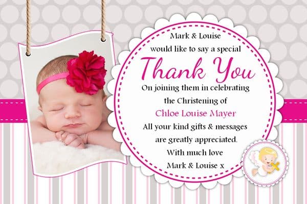 10 Personalised Christening Baptism Thank you PHOTO Cards N237 - Girls Pink