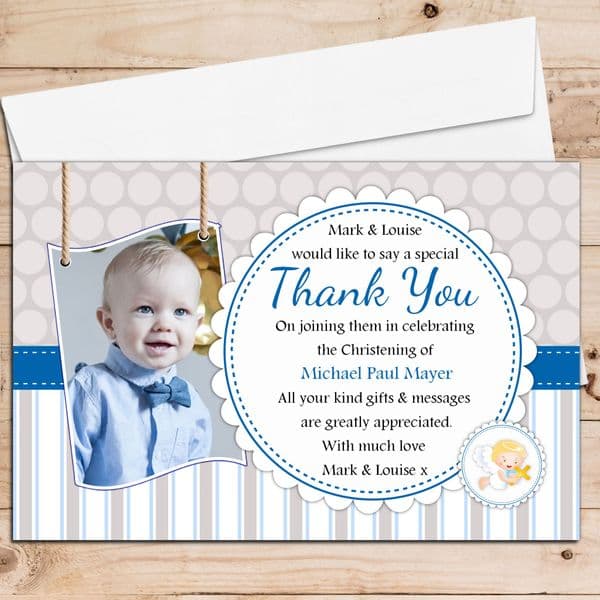 10 Personalised Christening Baptism Thank you PHOTO Cards N238 Spots & Stripes