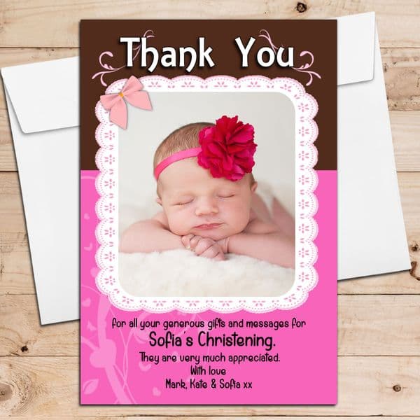 10 Personalised Christening Birthday New Baby Thank you Cards N197 Girls Pink Lace