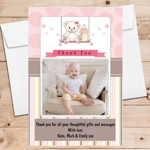 10 Personalised Christening New Baby Birth Teddy Bear Thank you PHOTO Cards N199