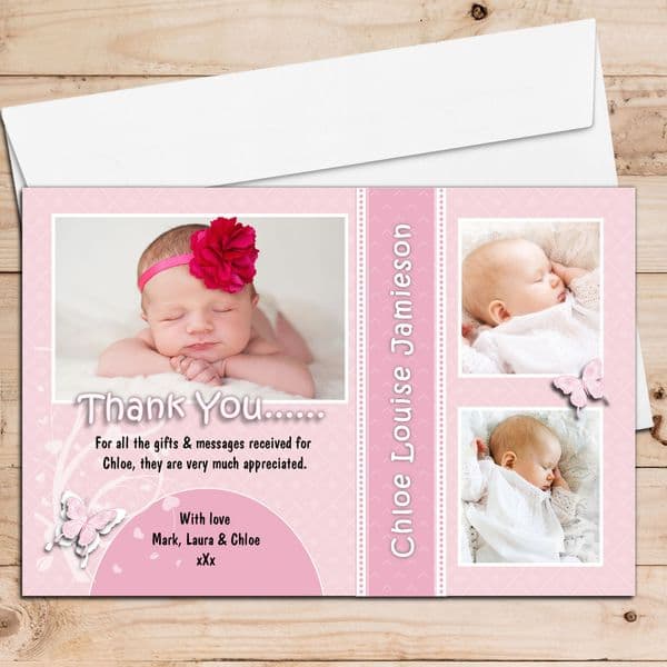 10 Personalised Christening / New Baby / Birthday Thank you PHOTO Cards N187 Pink Butterfly