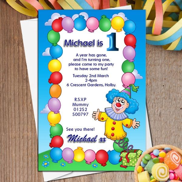 10 Personalised Clown & Balloons Birthday Party Invitations N12