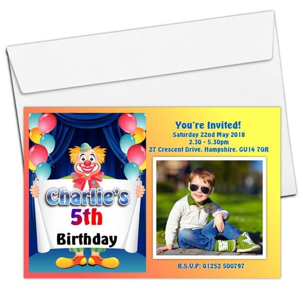 10 Personalised Clown Birthday Party PHOTO Invitations N32 Any Age