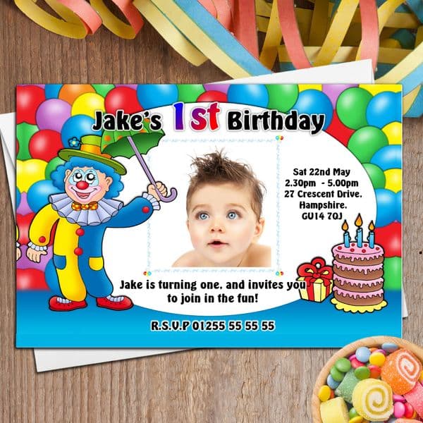 10 Personalised Clown Birthday Party PHOTO Invitations N8