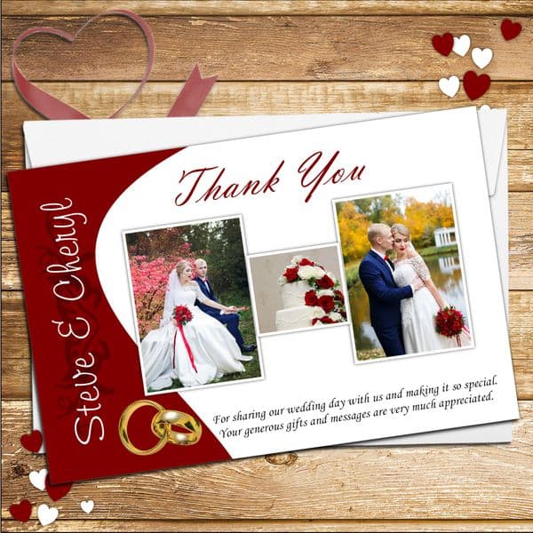 10 Personalised Comtempary Red & Gold Rings Wedding Day Thank you cards N145