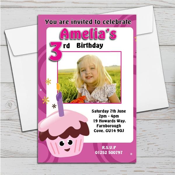 10 Personalised Cupcake Birthday Party PHOTO Invitations N2