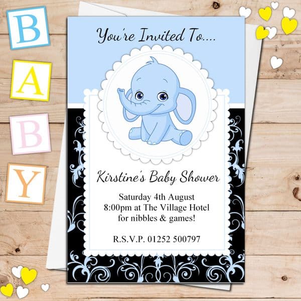 10 Personalised Cute Blue Elephant Baby Shower Invitations N23