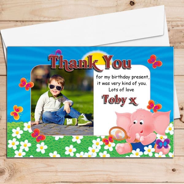 10 Personalised Cute Elephant Birthday Thank you PHOTO Cards N115