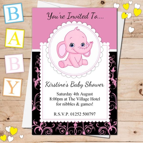 10 Personalised Cute Pink Elephant Baby Shower Invitations N22