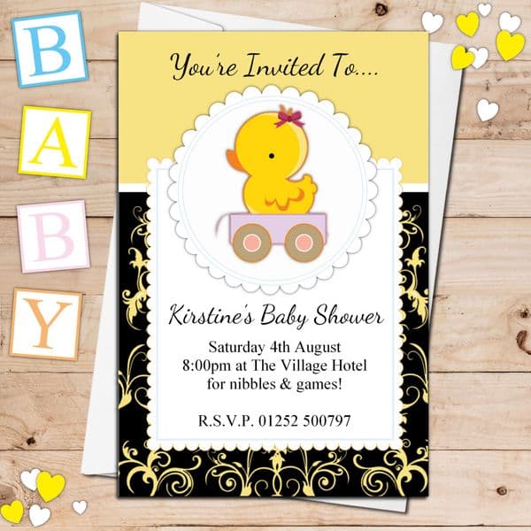 10 Personalised Cute Yellow Duck Baby Shower Invitations N24