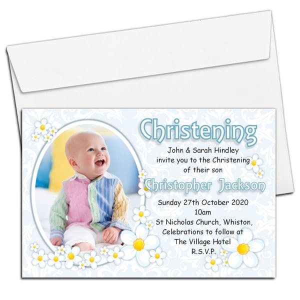 10 Personalised Daisy Boys Christening Baptism PHOTO Invitations N92