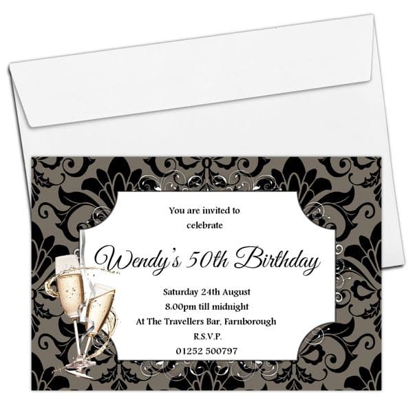 10 Personalised Damask Birthday Party Invitations N157