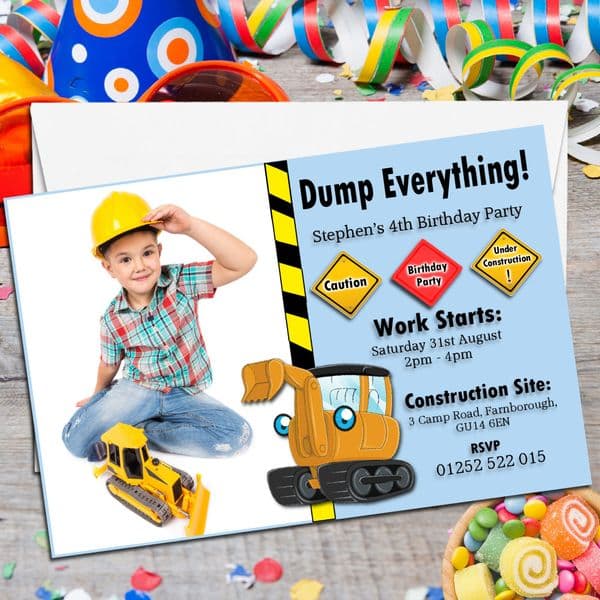 10 Personalised Digger Tractor Birthday Party PHOTO Invitations N155