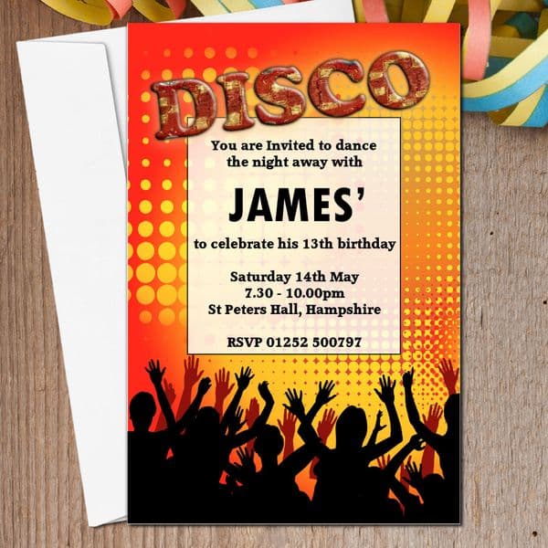 10 Personalised DISCO Birthday Party Invitations N3