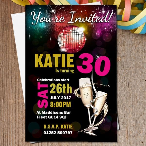 10 Personalised Disco Champagne Birthday Party Invitations N184