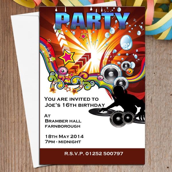 10 Personalised Disco DJ Birthday Party Invitations N4
