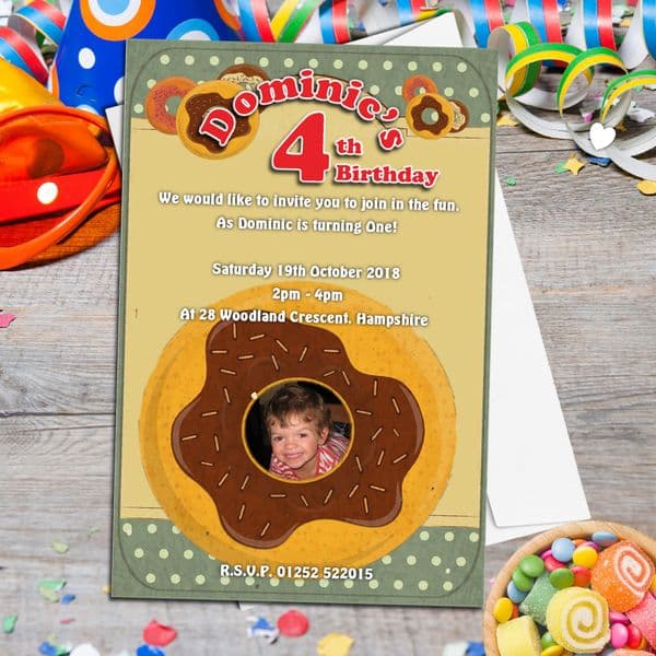 10 Personalised Doughnut Style Birthday Party PHOTO Invitations N146