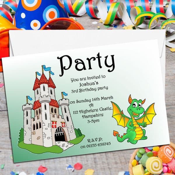 10 Personalised Dragon & Castle Party Invitations