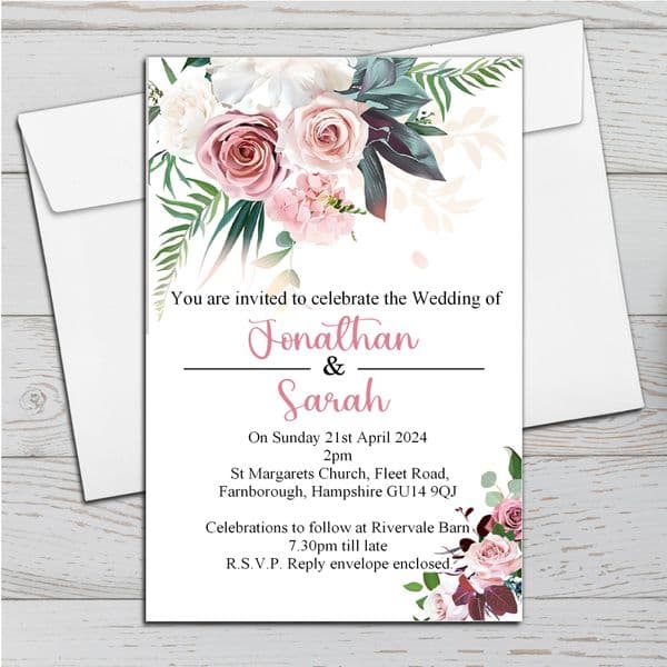 10 Personalised Dusty Pink Flowers Wedding Invitations N78