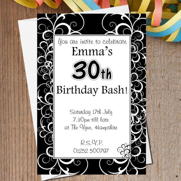 10 Personalised Elegant Black & White Swirls Birthday Party Invitations N162