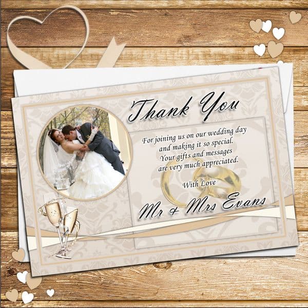 10 Personalised Elegant Gold Wedding Day Rings and Champagne Thank you Photo cards N236