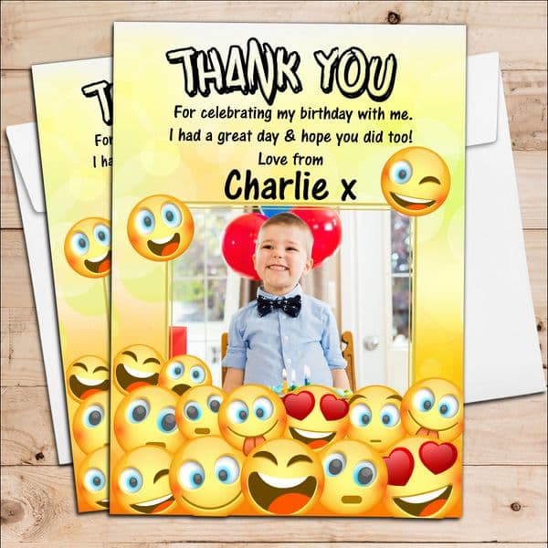 10 Personalised EMOJI Birthday Party Thank you PHOTO Cards N251