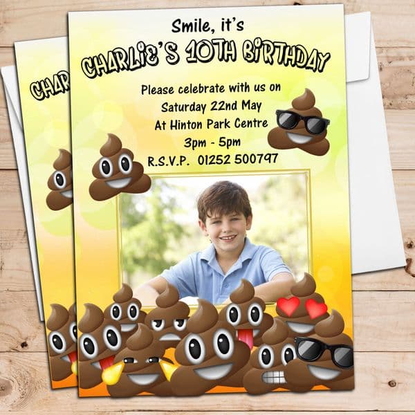 10 Personalised EMOJI POO Birthday Party PHOTO Invitations N219 ANY AGE