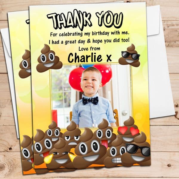 10 Personalised EMOJI POO Birthday Party Thank you PHOTO Cards N252