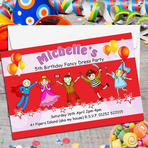 10 Personalised Fancy Dress Birthday Party Invitations N119