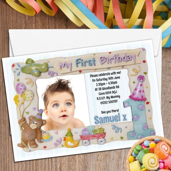 10 Personalised First 1st Birthday Party Frame Photo Invitations N2