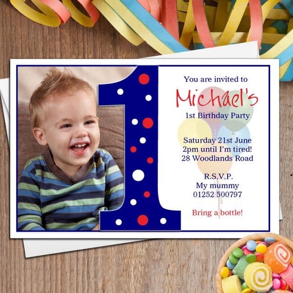 10 Personalised First 1st Birthday Party PHOTO Invitations N17