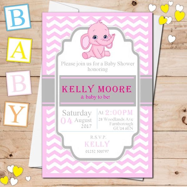 10 Personalised Girl Pink Elephant Baby Shower Invitations N19