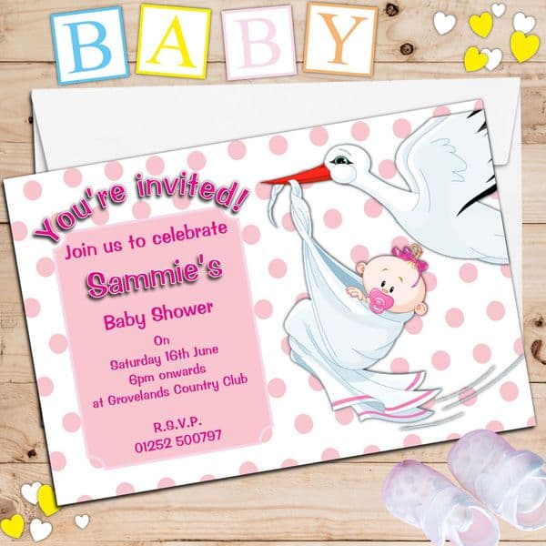 10 Personalised Girl Pink Stork Baby Shower Invitations N14