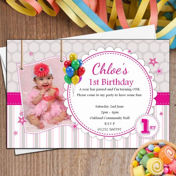 10 Personalised Girls 1st First Birthday Party PHOTO Invitations N36