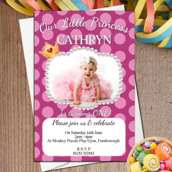 10  Personalised Girls 1st First Birthday Polka Dot Party PHOTO Invitations N37