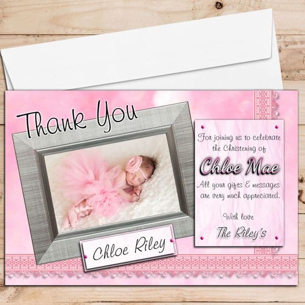 10 Personalised Girls Birth / Christening / Baptism Thank you PHOTO Cards N201