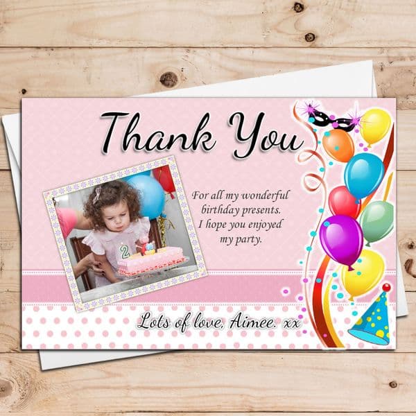10 Personalised Girls Birthday Party Balloons Thank you PHOTO Cards N12