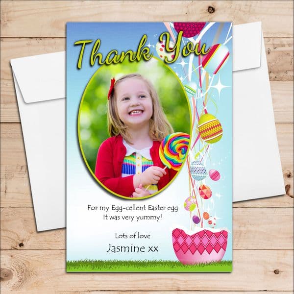 10 Personalised Girls Boys Happy Easter Egg PHOTO Thank you Post Cards N12