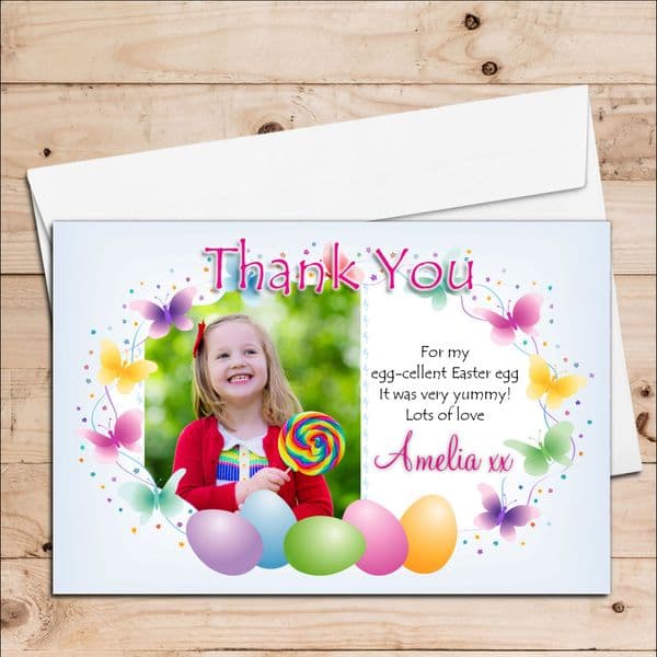 10 Personalised Girls Boys Happy Easter Egg Thank you Photo Post Cards N3