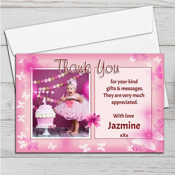 10 Personalised Girls Butterfly Birthday Thank you PHOTO Cards N134