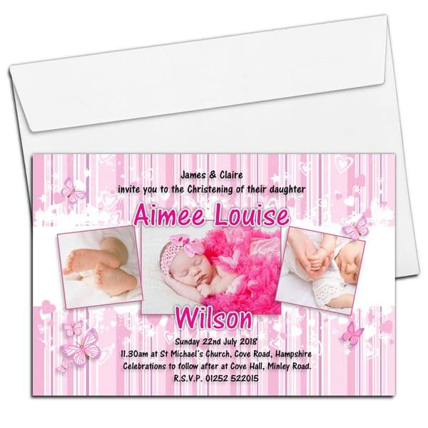10 Personalised Girls Butterfly Christening Baptism PHOTO Invitations N107