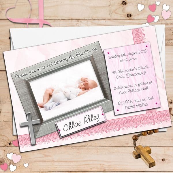 10 Personalised Girls Christening Baptism Invitations PHOTO Invites N85