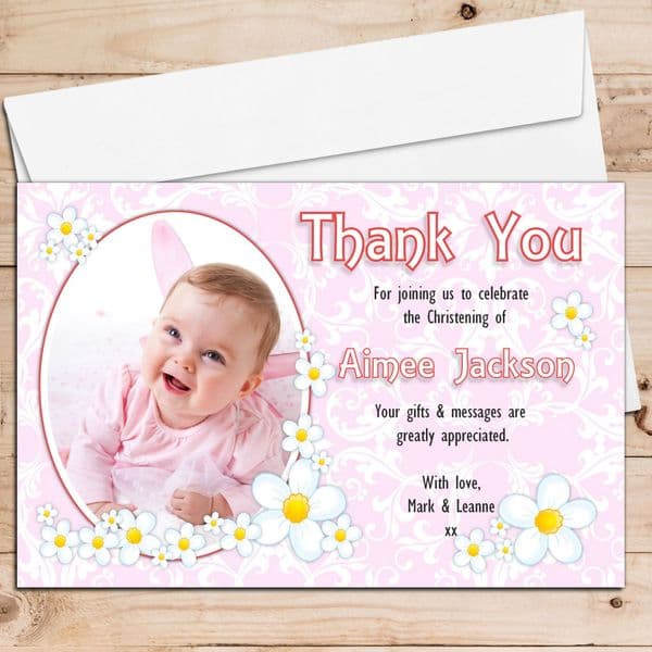 10 Personalised Girls Daisy Flower Christening Birthday Thank You PHOTO Cards N214