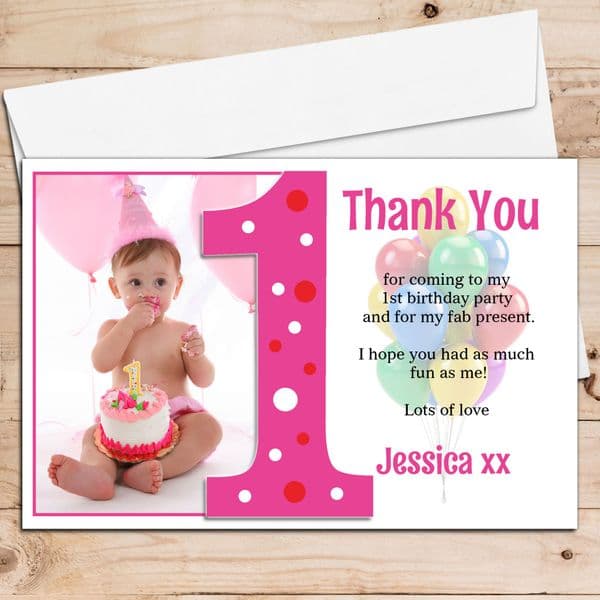 10 Personalised Girls First 1st Birthday Thank you PHOTO Cards N192