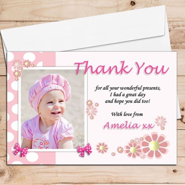 10 Personalised Girls Flower Birthday Thank you PHOTO Cards N107