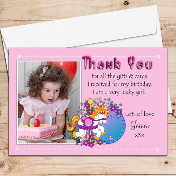 10 Personalised Girls Flower Pony Birthday Thank you PHOTO Cards N139