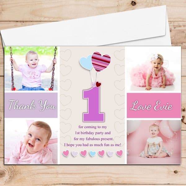10 Personalised Girls Heart Balloons Birthday Thank you PHOTO Cards N248